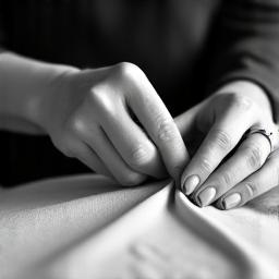 Ritratto in bianco e nero di Elena che ispeziona con cura una finitura di tessuto pregiato.