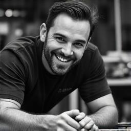 Ritratto in bianco e nero di Giovanni, sorridente, mentre salda un componente di una lampada su misura.