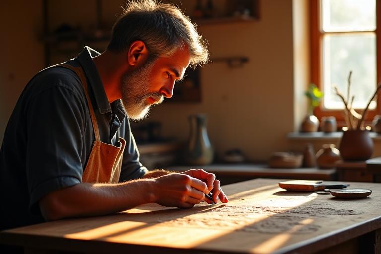 Artigiano in un laboratorio fiorentino che lavora finemente un pezzo di legno