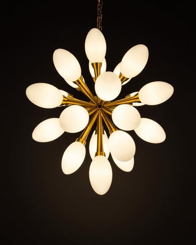 Grande lampadario artistico in ottone spazzolato e diffusori in vetro di Murano