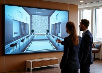 Architetto che presenta un progetto digitale di rendering 3D al cliente in un ufficio moderno