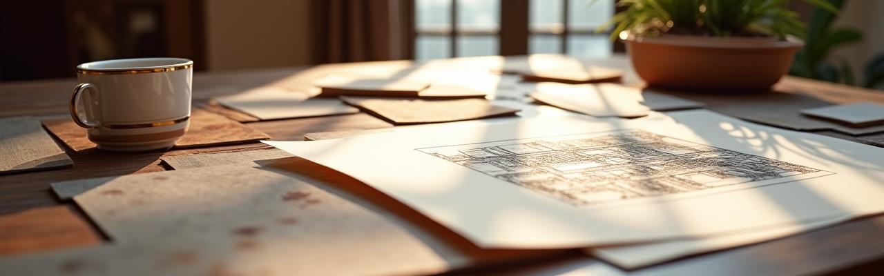 Vista dall'alto di un elegante studio di interior design con campioni di tessuti e disegni tecnici, che simboleggia i servizi offerti da Legno Incanto.